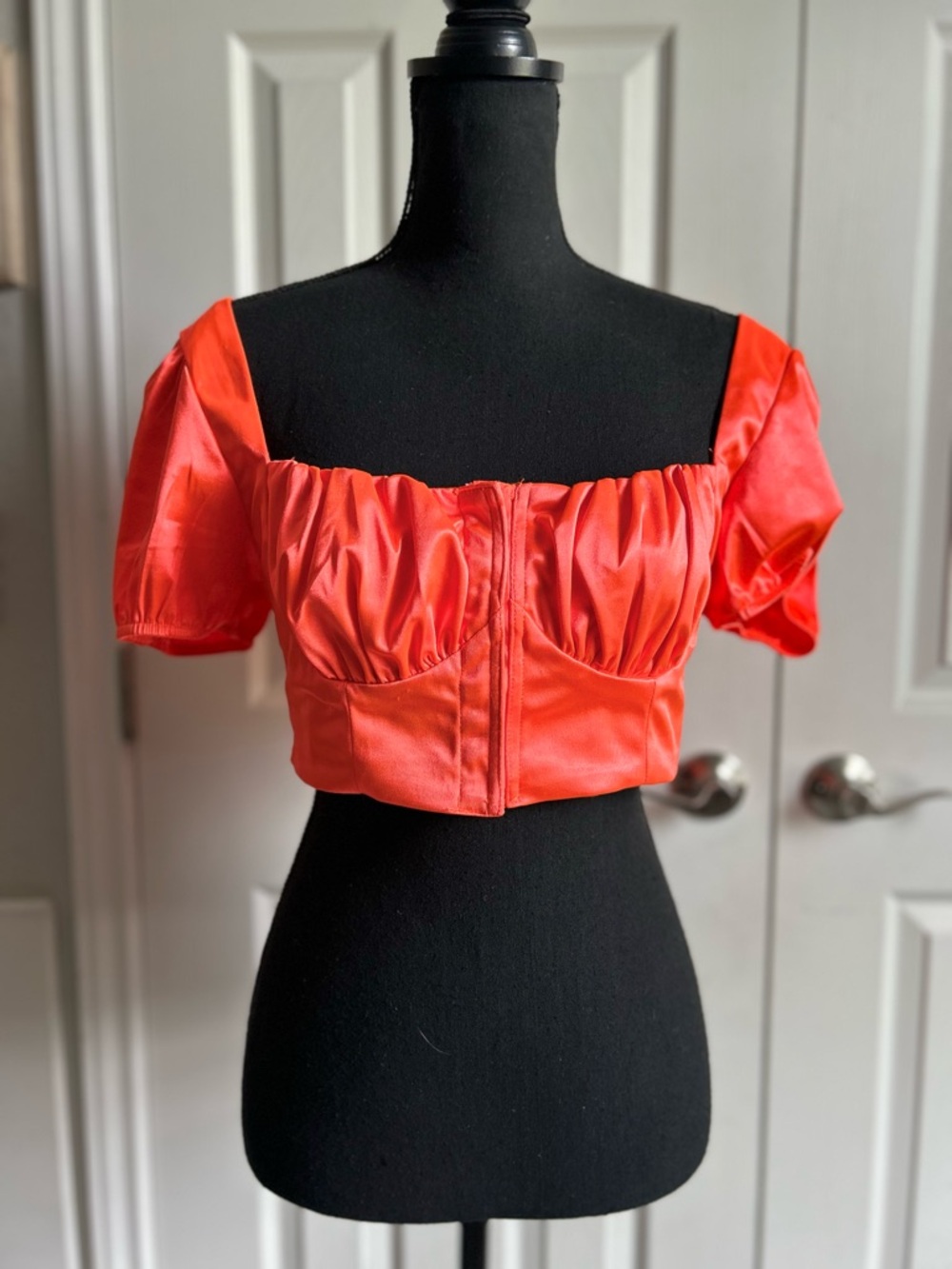 Rehab Lab Orange Satin Puff-Sleeve Crop Top